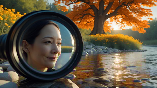 Woman Reflecting in Camera Lens at River with Autumnal Landscape photo