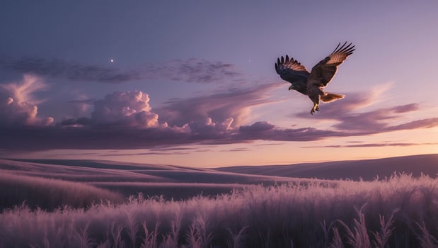 Hawk Flying Over Grassy Field at Dusk with Pastel Sky photo