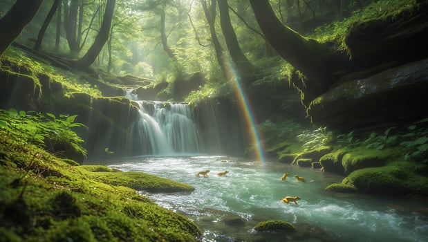 Waterfall Flowing in Lush Forest with Rainbow and Mossy Rocks photo