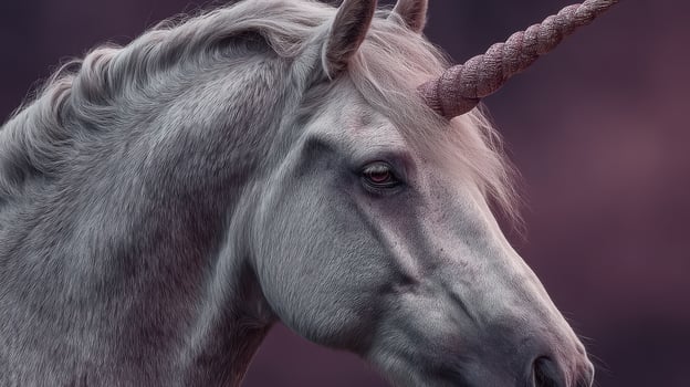 Majestic gray unicorn with a spiraled horn posing against a softly blurred purple background during twilight photo