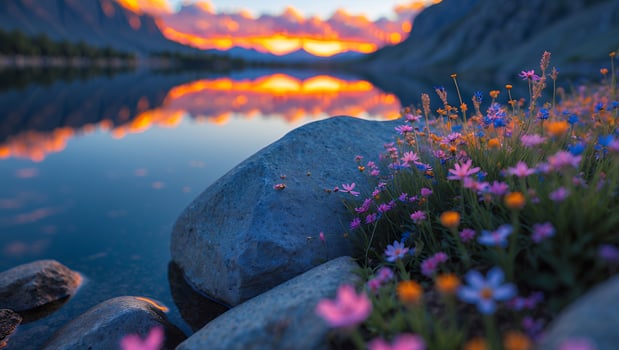Blooming Wildflowers at Lakeside with Mountain Reflections and Colorful Sunset photo