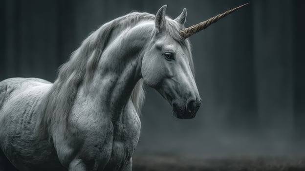 Mystical unicorn standing proudly in a foggy forest setting during twilight hours photo