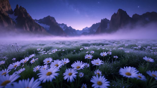 Field of Daisies Under a Night Sky with Mountain Peaks photo