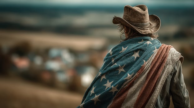 Cowboy draped in a flag stands on a hill overlooking a small town during a cloudy day photo