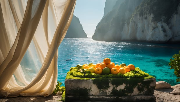 Coastal Vista with Oranges and Curtain Overlooking Turquoise Ocean photo