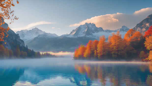 Calm Lake Reflecting Autumnal Trees and Snowy Mountains Scenery photo