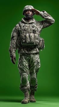 Soldier saluting with respect and pride in military uniform against a solid green background photo