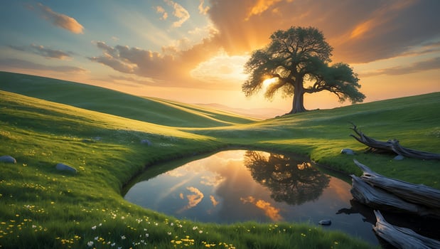 Tranquil Pond Reflecting Sunset with Lone Tree on Green Hills photo