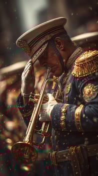 Brass musician salutes while playing trumpet during ceremonial parade in historical city photo