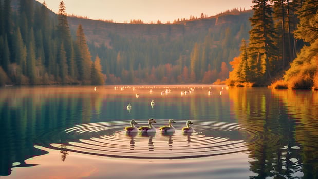 Ducks Swiming on Calm Lake at Sunset Surrounded by Forest photo