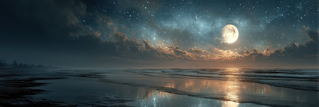 Moonlit beach with starry sky reflecting on calm water at night near coastal landscape photo