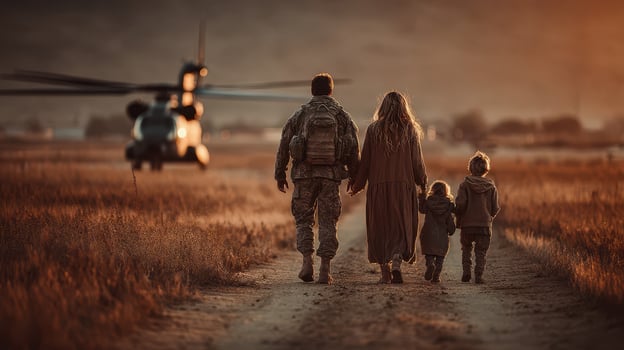Soldier reunites with family during sunset near military helicopter in a warm, emotional moment photo