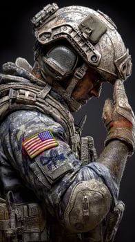Soldier preparing for a mission in dusty military gear with American flag patch photo