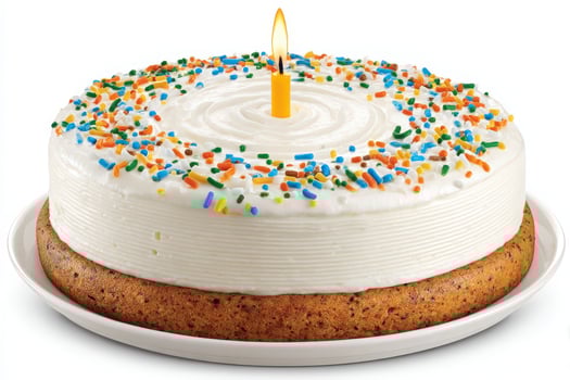 A round cake with a light frosting is adorned with colorful sprinkles. A single candle stands prominently in the center, ready to be lit for a celebration. photo