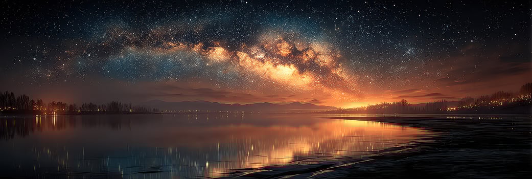 Stunning view of the Milky Way over a calm lake at night with reflections and surrounding mountains photo