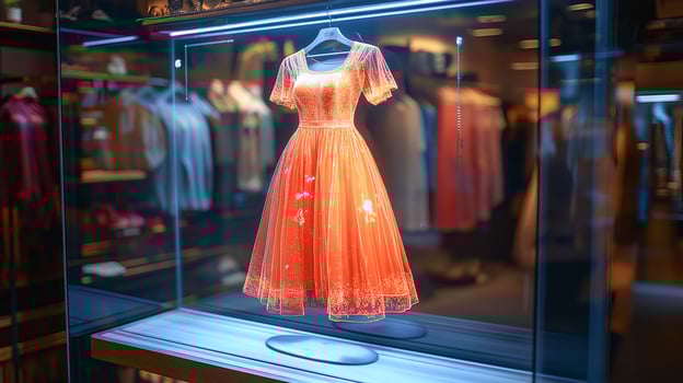 A beautiful orange dress is elegantly showcased in a boutique, surrounded by stylish clothing. photo