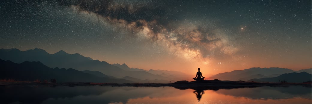 Peaceful meditation under a starry sky over mountains at twilight, capturing the essence of tranquility and connection to nature photo