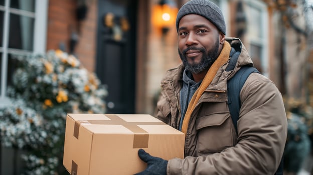 Man in winter attire delivers a cardboard package to a house surrounded by snow and flowers. photo