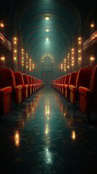 Elegant theater interior showcasing red seats and illuminated ambience in a historic setting photo