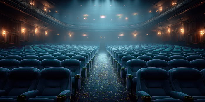 Cinematic atmosphere in an empty vintage theater filled with blue velvet seats and scattered leaves photo