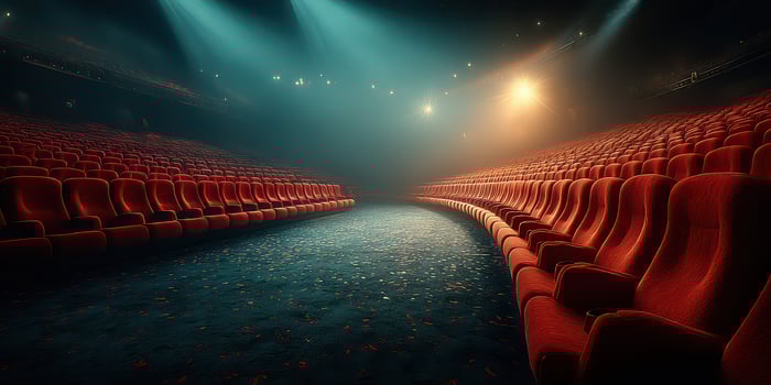 Empty red theater seats illuminated by soft lights create a dramatic atmosphere for an upcoming performance photo