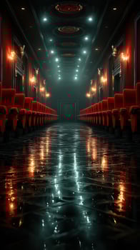 Elegant cinema hallway with red velvet seats and reflective floors illuminated by soft lighting photo