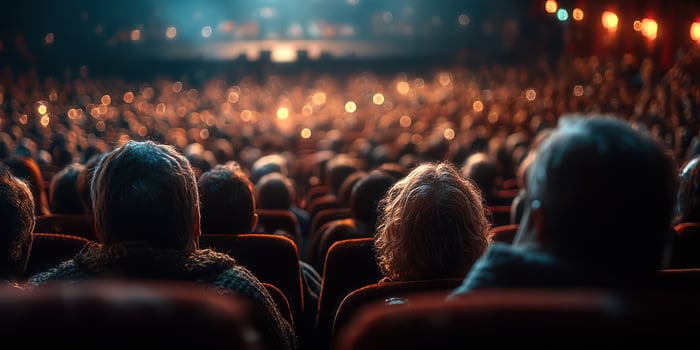 Crowd of spectators seated in an auditorium during a performance with lights dimmed and warm ambiance in the evening photo