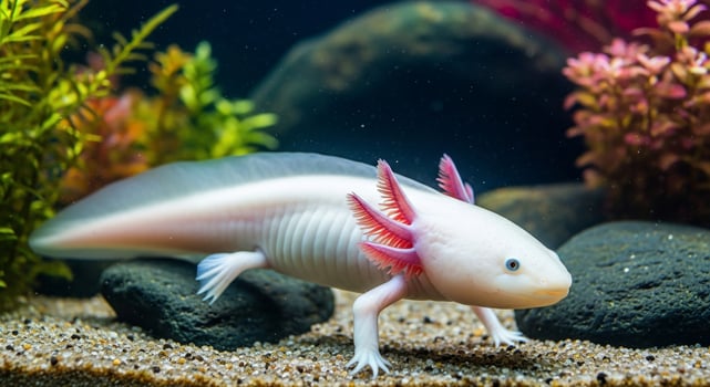 An axolotl, a small fish with pink fins, is swimming in an aquarium photo