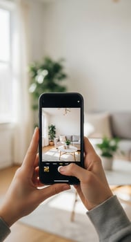 A woman holding a smartphone in front of a living room photo