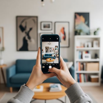 A woman taking a photo of her living room with a smartphone