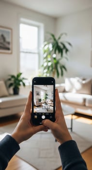 A person taking a photo of a living room with a smartphone