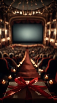 Gift placed in the foreground of a theater just before a performance, showcasing a festive atmosphere and audience anticipation photo