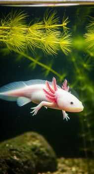 A white and pink axolotl fish swimming in an aquarium photo