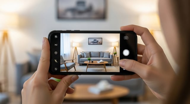 A woman taking a photo of her living room