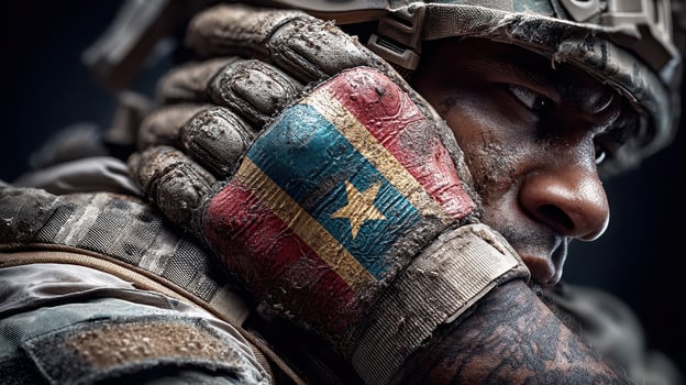 Soldier with flag painted on hand shows pride and determination during a mission in a conflict zone photo