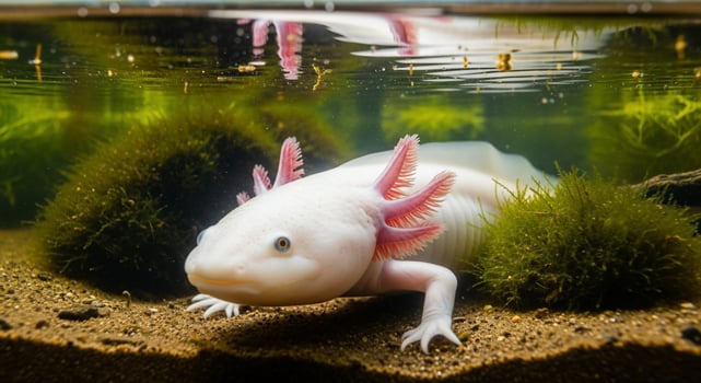 An axolotl, a small fish with pink fins, is swimming in the water photo