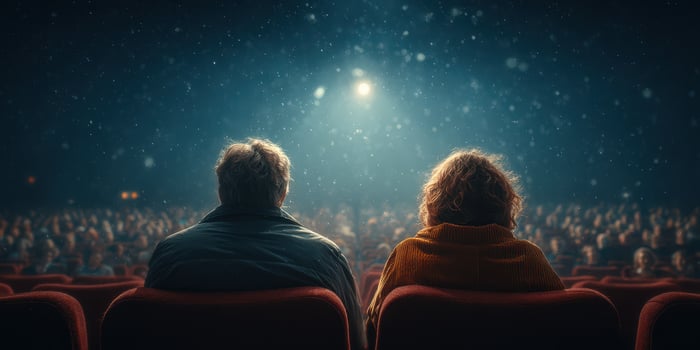 Couple enjoying a movie night in a packed theater on a winter evening with warm lighting and a captivating atmosphere photo