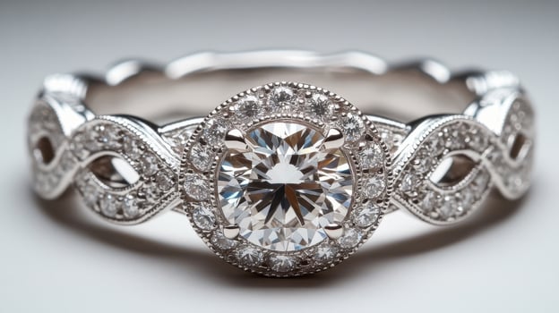 Luxury diamond engagement ring with intricate infinity band design, set on a reflective surface, showcasing sparkle and craftsmanship photo