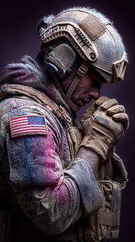 Soldier in tactical gear praying with dust and snow on uniform at a somber moment in an intense environment photo