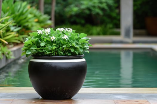 Stunning White Flowers in Black Pot by the Pool A Serene Garden Decor photo