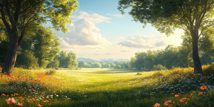 Nature landscape with vibrant flowers and green trees in a serene meadow under a blue sky with fluffy clouds during the day photo