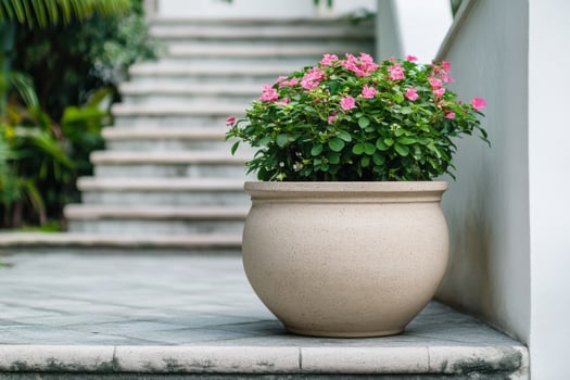 Pink Flowers in a Beige Pot on a Stone Step. A perfect image for home decor, gardening, and spring themes. The vibrant blooms and serene setting create a tranquil atmosphere. photo