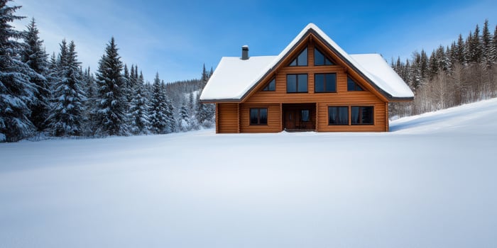 Spectacular Wooden Cabin in Snowy Mountainside. Cozy Winter Getaway Home, Peaceful Nature Escape. Beautiful Log House Design, Real Estate Property photo