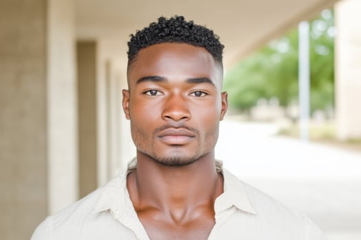 Portrait of a Confident Young Black Man. A striking image showcasing a serious expression and stylish look. Perfect for fashion, beauty, or editorial projects. photo