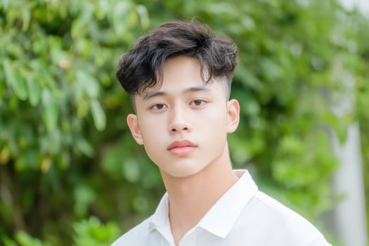 Captivating Portrait of a Young Man A Study in Male Beauty and Fashion. The photograph showcases a young man's striking features and stylish haircut against a soft green backdrop. photo