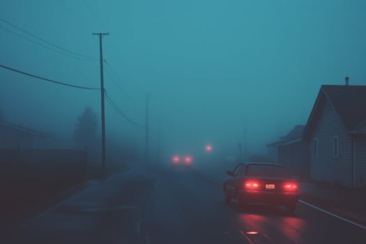 Misty Night Road Through a Quiet Suburban Town A Serene and Tranquil Landscape photo