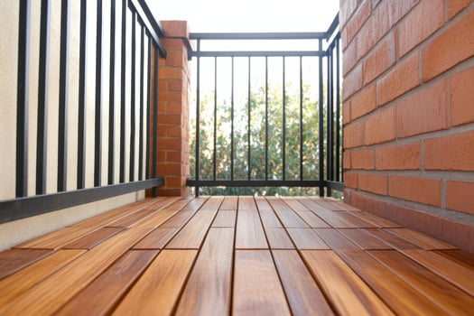 Stunning Balcony Deck with Exquisite Wooden Flooring and Brick Wall photo