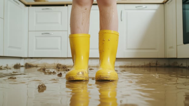 Flooded Kitchen Child in Yellow Rain Boots in a Muddy Mess photo