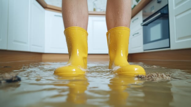 Flooded Kitchen Urgent Repair Needed. Water Damage in Home. Person in Yellow Rain Boots photo