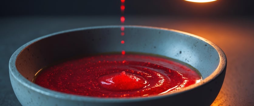 Red Sauce Splashes into a Bowl, Creating Ripples and Movement Under Warm Light. photo
